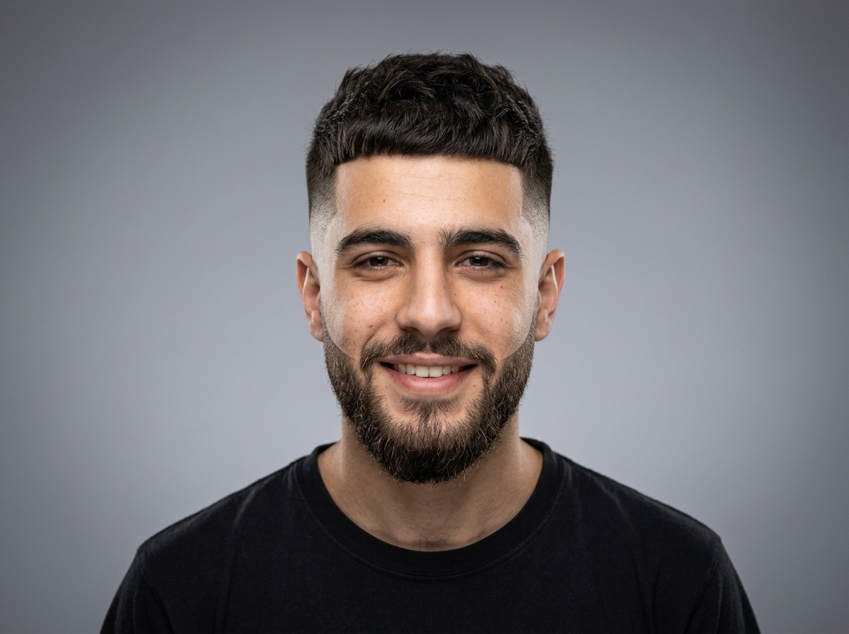 After haircut: clean precision mid taper fade with sharp beard lineup