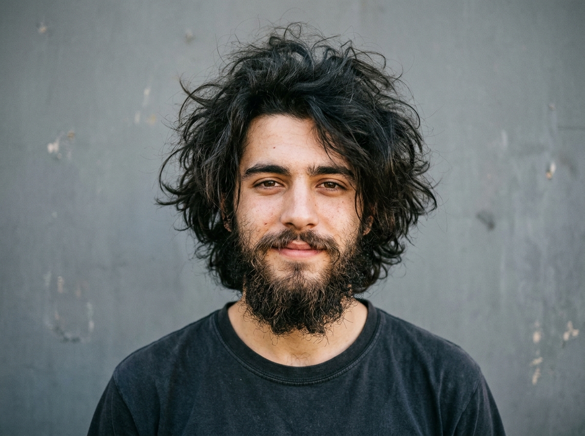 Before haircut: overgrown messy hair and unshaped beard